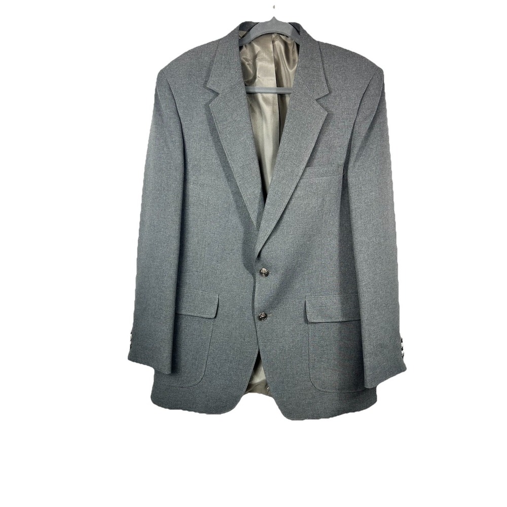 Vtg EDGEWORTH Gray Wool Blazer 42L Silver Crest‎ Buttons Old Money Dark Academia